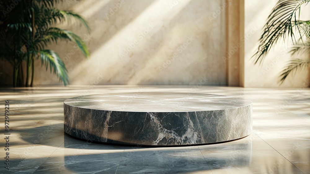 sleek and luxurious marble stone round pedestal, perfect for premium product display in sunlight with an elegant design sleek and luxurious marble stone round pedestal, perfect for premium product display in sunlight with an elegant design