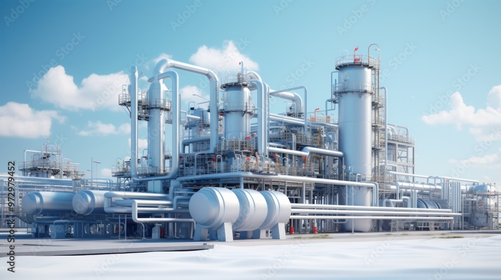 A liquefaction plant transforming natural gas into LNG, with pipelines, machinery, and cryogenic tanks.