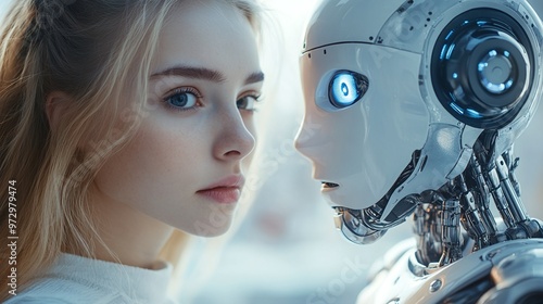 AI robot and young woman in the office, working together in a futuristic tech environment, exploring human-machine interaction