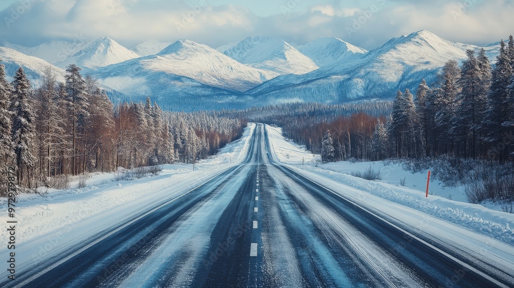 Straight Road Leading to Snowy Mountains Under Clear Blue Skies Straight Road Leading to Snowy Mountains Under Clear Blue Skies