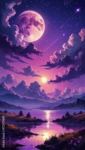 Surreal Night Landscape with Full Moon and Stars, phone background wallpaper