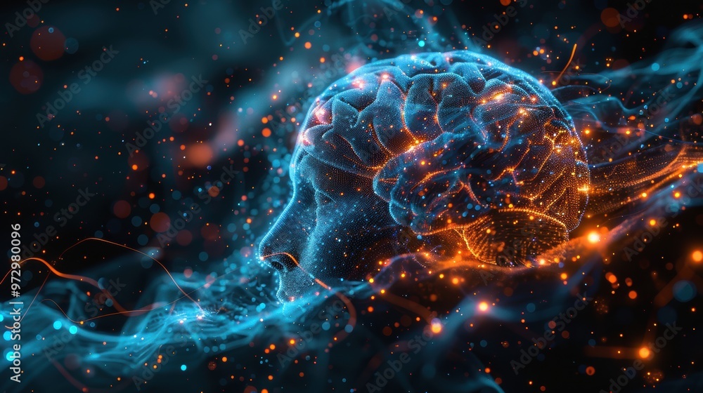 Vivid Neurological Activity in Brain Simulation Illustration Vivid Neurological Activity in Brain Simulation Illustration