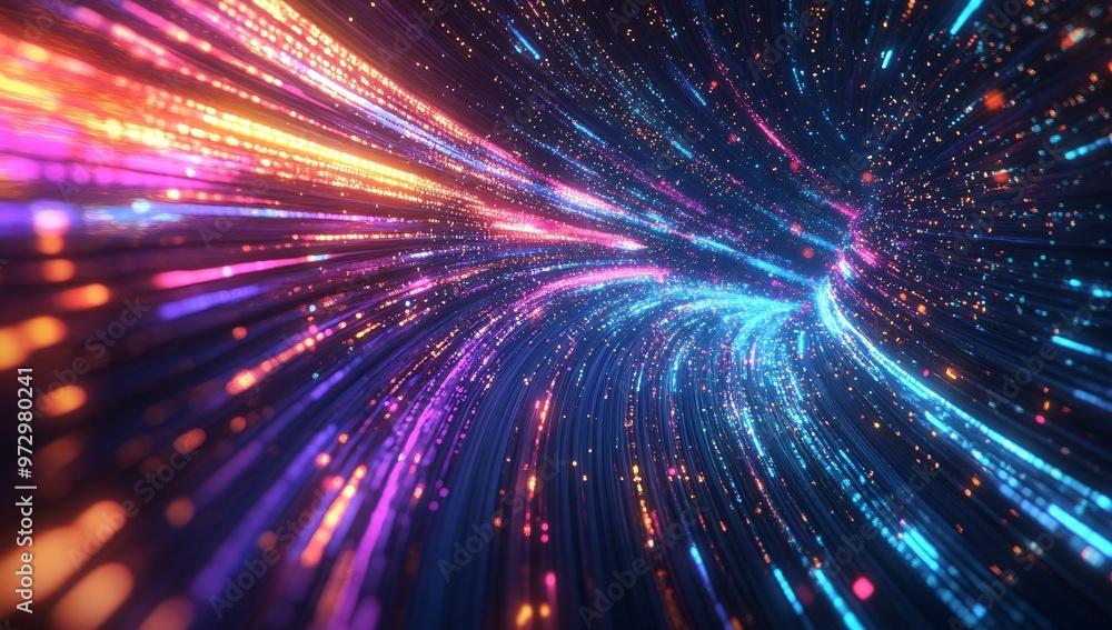 Obraz premium Colorful light trails in a dynamic abstract design showcasing vibrant energy and movement in a dark space