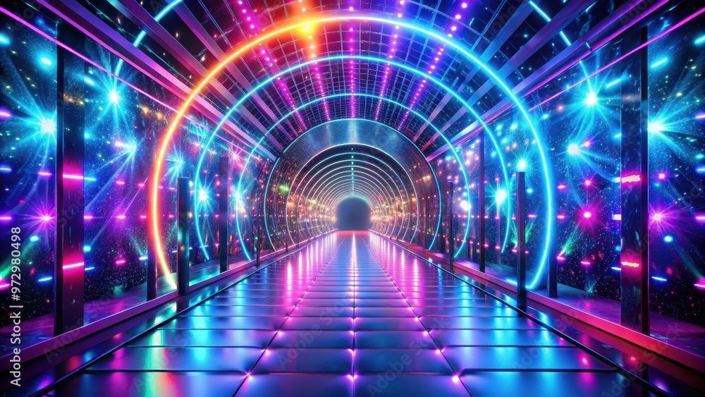 Bright holographic tunnel in a nightclub setting for a party , holographic, tunnel, night club, party, vibrant, colorful, neon Bright holographic tunnel in a nightclub setting for a party , holographic, tunnel, night club, party, vibrant, colorful, neon