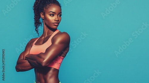 african american female fitness model with strong abs, colorful sportswear, sexy athletic woman workout banner, blue background and space for text photo