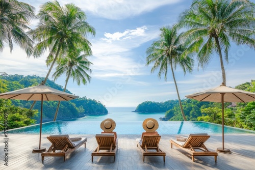 Tropical Paradise Infinity Pool Overlooking the Ocean with Palm Trees and Lounge Chairs