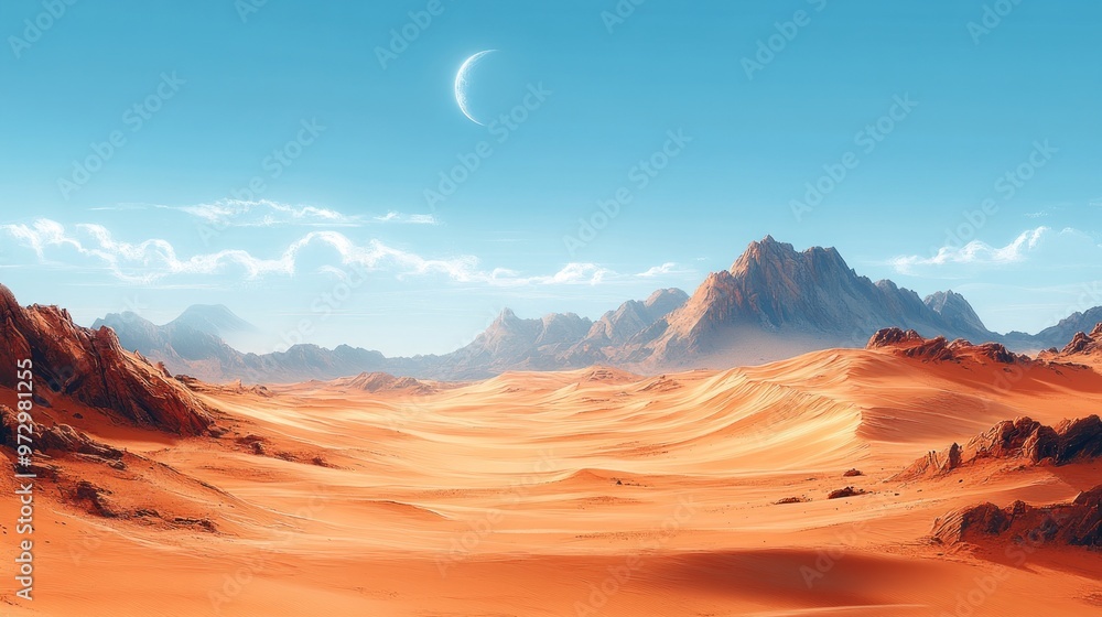 Naklejka premium A serene desert landscape with mountains and a crescent moon.