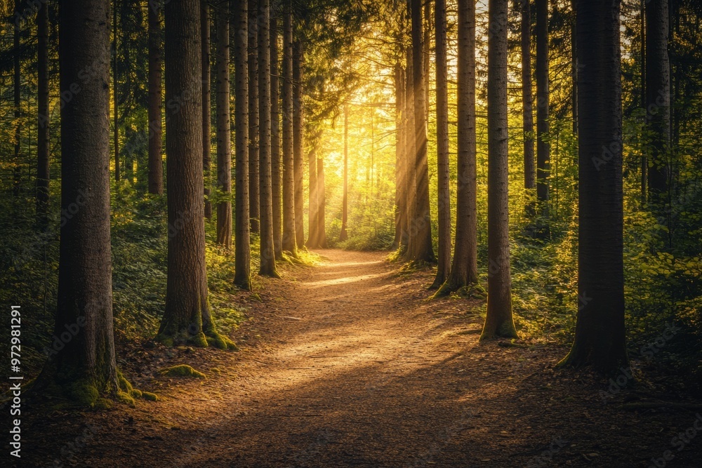 Fototapeta premium A tranquil forest pathway surrounded by tall trees with sunlight filtering through the leaves, creating a beautiful dappled light effect. Ideal for promoting peace and relaxation