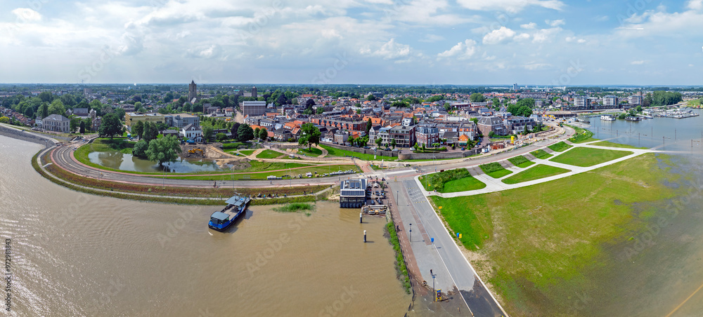 Aerial panorama from the town Tiel at the river Waal in a flooded landscape in the Netherlands Aerial panorama from the town Tiel at the river Waal in a flooded landscape in the Netherlands