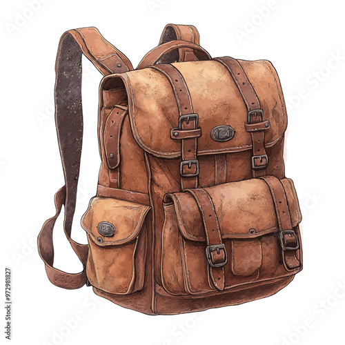 Brown leather backpack isolated on white background. 3D illustration. Vintage style.