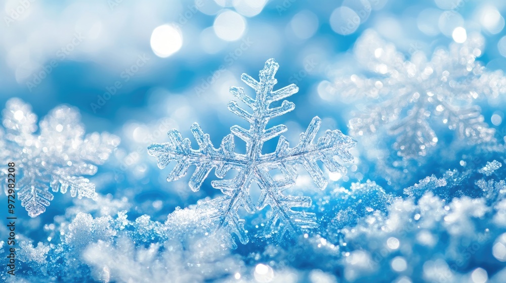 Delicate snowflakes softly falling on a bright blue background, creating a serene winter atmosphere with crisp, icy details Delicate snowflakes softly falling on a bright blue background, creating a serene winter atmosphere with crisp, icy details