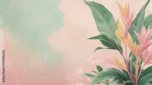 Wallpaper Mural Dreamy Tropical Plant with Pink, Green, and Yellow Pastel Colors Torontodigital.ca