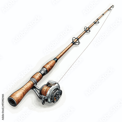 Fishing rod with reel on white background. 3D illustration.