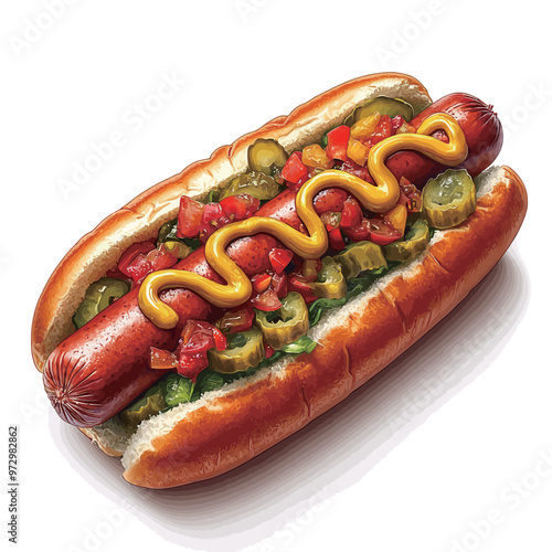 Hot dog with mustard and pickles isolated on a white background.