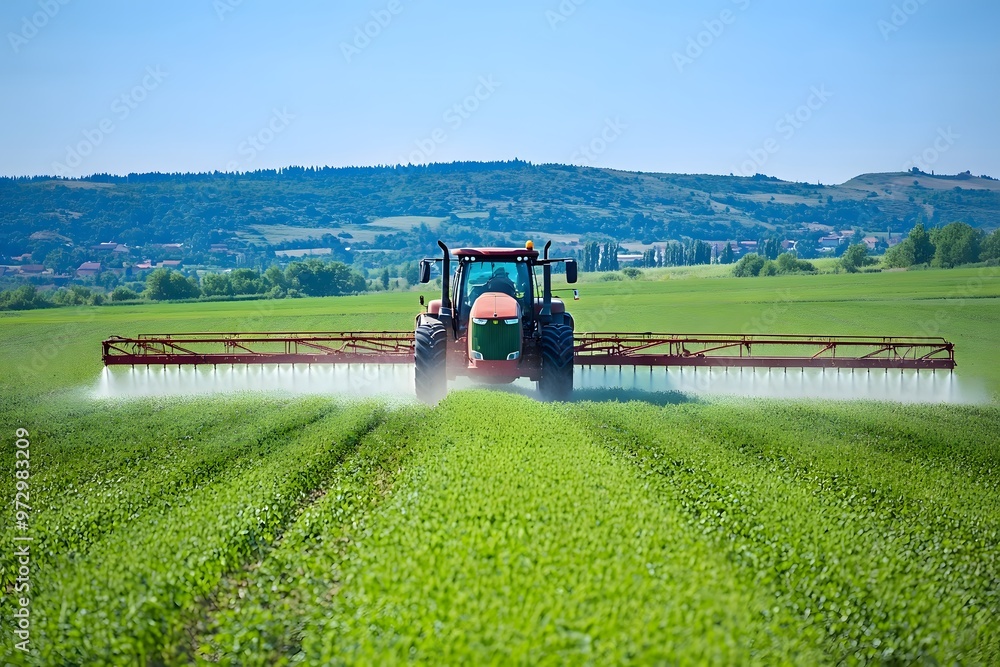 Fototapeta premium farming tractor on the big green field, agriculture