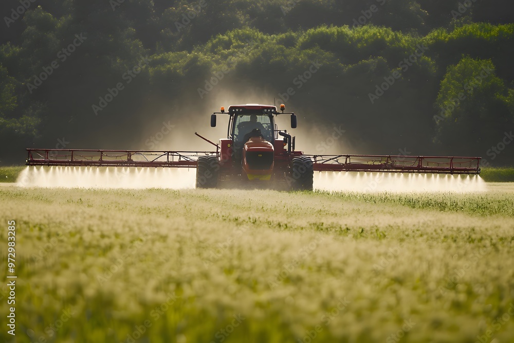 Fototapeta premium farming tractor on the big green field, agriculture