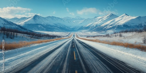 Straight Road Leading to Snowy Mountains Under Clear Blue Skies