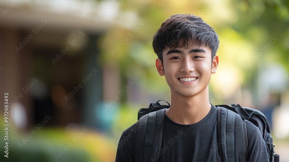 smiling male student with a backpack walking on university campus, young asian boy enjoying academic journey and outdoor student life smiling male student with a backpack walking on university campus, young asian boy enjoying academic journey and outdoor student life