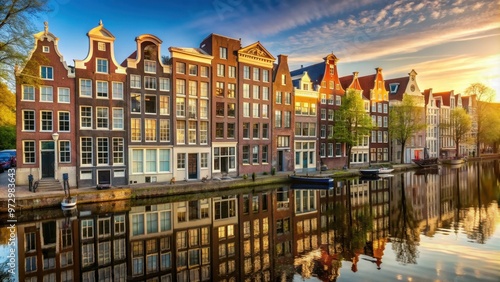 Amsterdam houses lining a sunlit canal , Amsterdam, Netherlands, architecture, buildings, waterfront, scenic, traditional