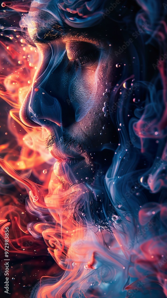 An abstract portrait of a man's face surrounded by swirling smoke in blue, red, and orange colors. An abstract portrait of a man's face surrounded by swirling smoke in blue, red, and orange colors.