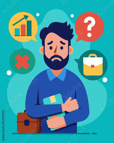 A recently laid off worker seeks advice on managing their bills rent and childcare expenses in the face of unemployment during the economic crisis.. Vector illustration