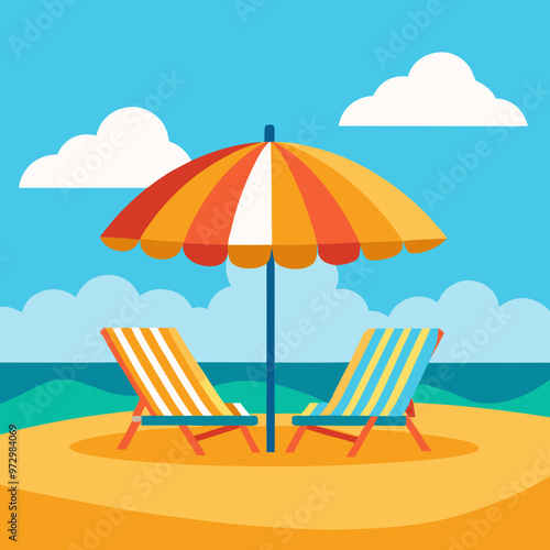  A pair of sun loungers with bright beach towels vector illustration