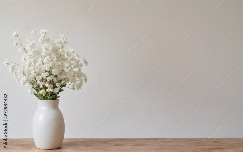 Minimalistic White Vase with Delicate Blooms on Wood Table Again Minimalistic White Vase with Delicate Blooms on Wood Table Again