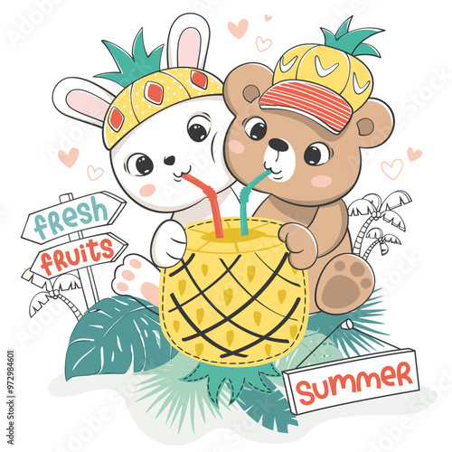 Happy cute rabbit and bear cartoon wearing pineapple hat drinking together pineapple juice on tropical summer illustration vector.