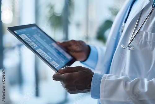 Scientist working with a digital tablet in a modern lab,Doctor in white coat holding digital tablet with medical data in a high-tech hospital setting. Showcasing concepts of modern healthcare, digita
