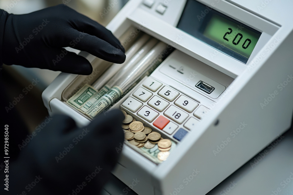 A white cash register with the top open, showing empty tubes and gloves inside being taken by someone in black who is taking money out of it. A white cash register with the top open, showing empty tubes and gloves inside being taken by someone in black who is taking money out of it.