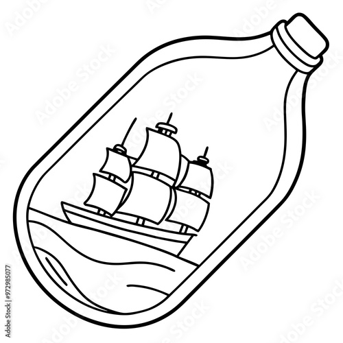 Ship in a bottle line art vector illustration 