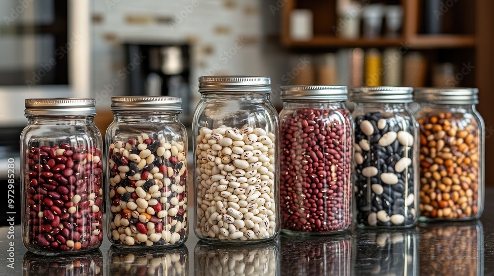 A vibrant assortment of dried beans in different colors and patterns, including red, white, and black beans, arranged in clear glass jars on a kitchen counter. A vibrant assortment of dried beans in different colors and patterns, including red, white, and black beans, arranged in clear glass jars on a kitchen counter.