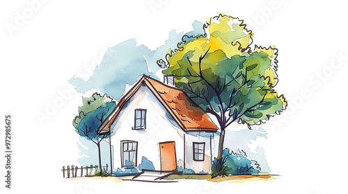 cute house watercolor illustration material background painting generative ai