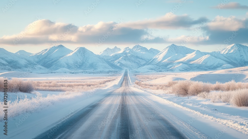Straight Road Leading to Snowy Mountains Under Clear Blue Skies Straight Road Leading to Snowy Mountains Under Clear Blue Skies