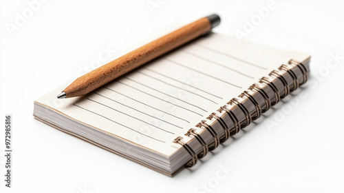 A simple and elegant notebook with lined pages and wooden pencil resting on top, perfect for jotting down thoughts and tasks. This setup evokes sense of organization and creativity