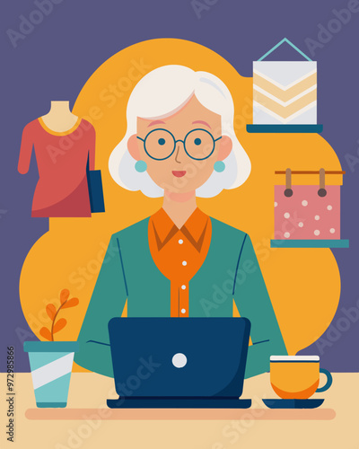A retiree supplements her income by taking on workfromhome jobs saving the expenses of traditional employment such as buying professional attire and commuting.. Vector illustration