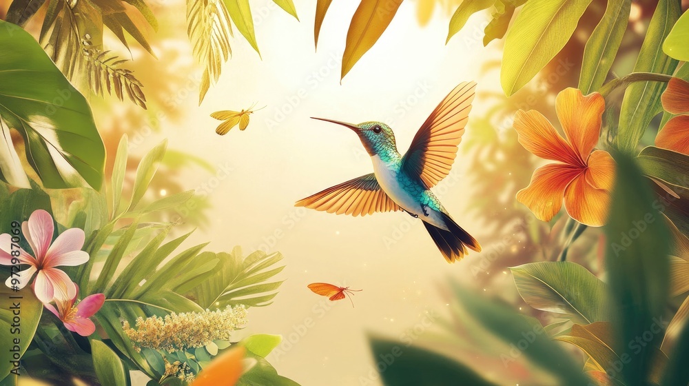 Beautiful vector illustration of a hummingbird in flight, surrounded by lush greenery and colorful flowers, with a bright golden background Beautiful vector illustration of a hummingbird in flight, surrounded by lush greenery and colorful flowers, with a bright golden background