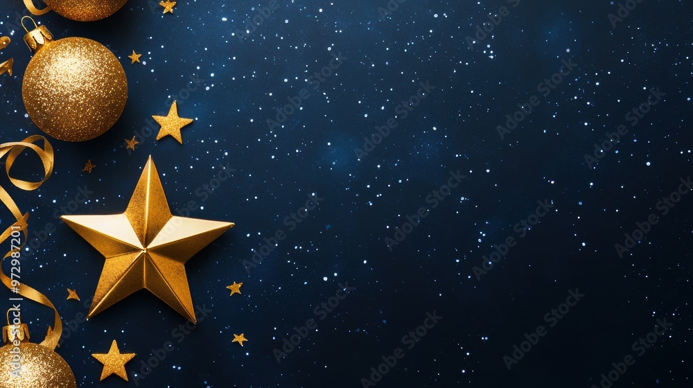 A star is surrounded by gold ornaments and stars A star is surrounded by gold ornaments and stars
