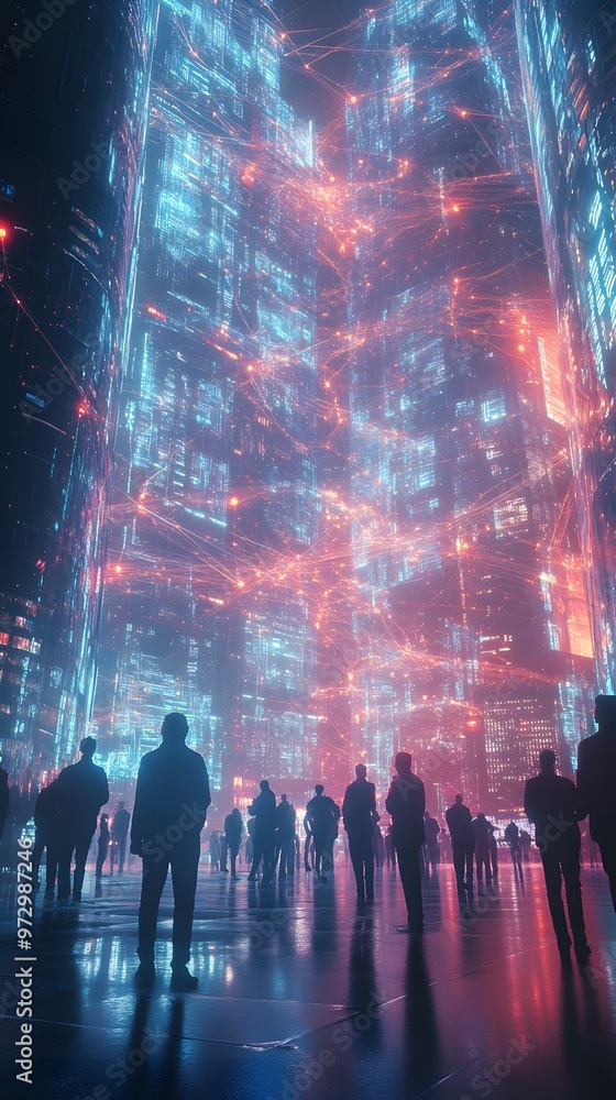 A crowd of business people in an office space, connected by glowing data connections to each other and the building they stand inside A crowd of business people in an office space, connected by glowing data connections to each other and the building they stand inside