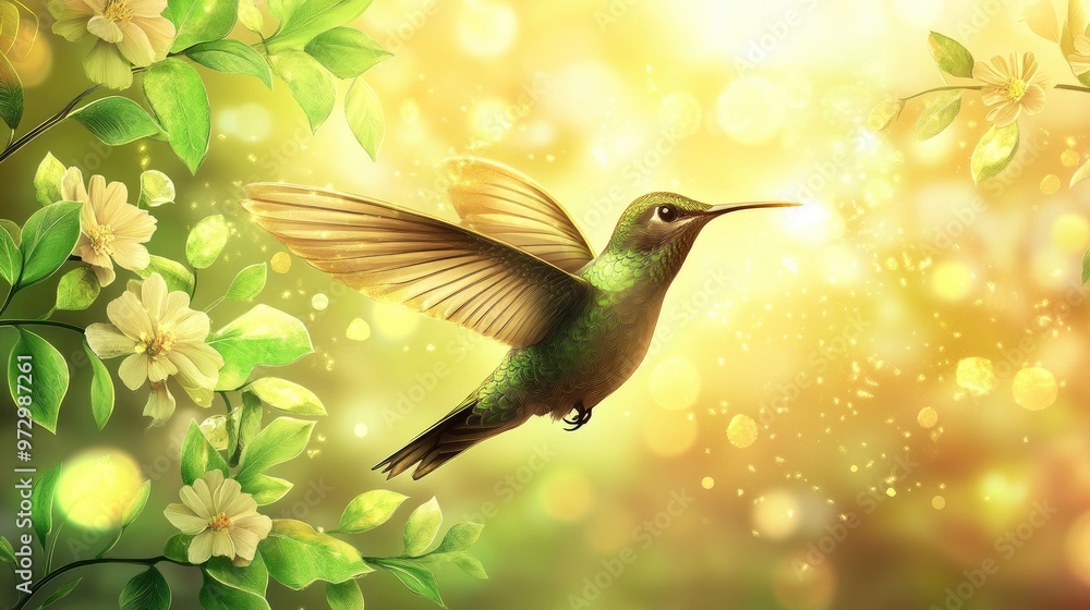 Fototapeta premium Beautiful vector illustration of a hummingbird in flight, surrounded by lush greenery and colorful flowers, with a bright golden background