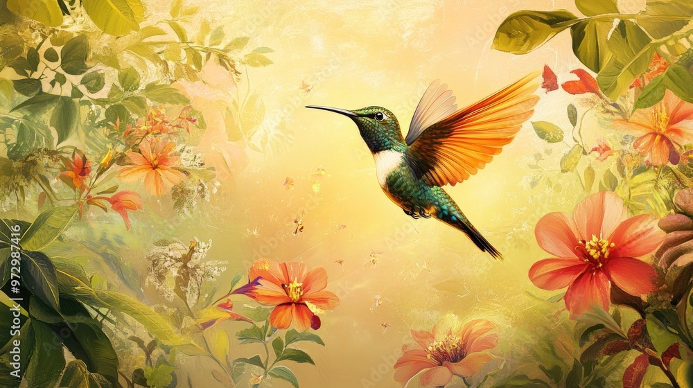 Beautiful vector illustration of a hummingbird in flight, surrounded by lush greenery and colorful flowers, with a bright golden background Beautiful vector illustration of a hummingbird in flight, surrounded by lush greenery and colorful flowers, with a bright golden background