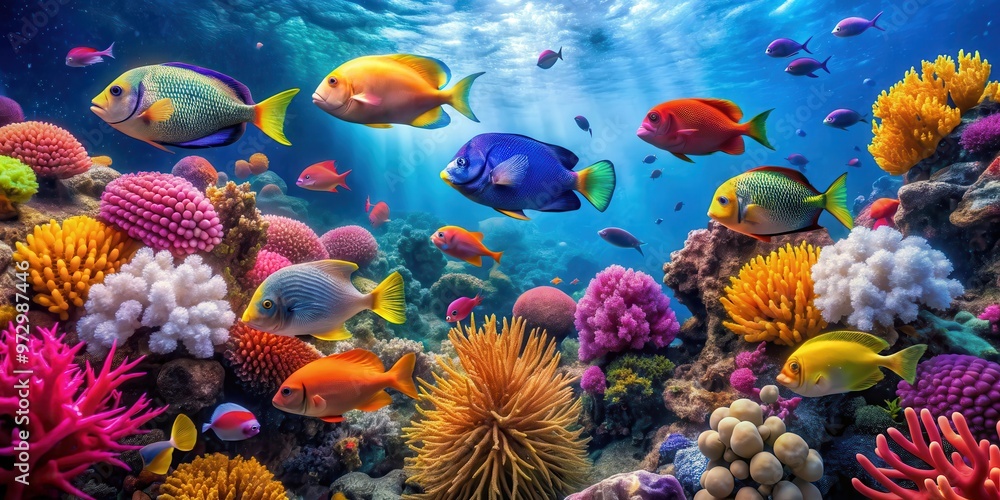 Fototapeta premium Vibrant image of colorful fish swimming amongst intricate coral reefs, underwater, marine life, sea creatures, ocean, tropical