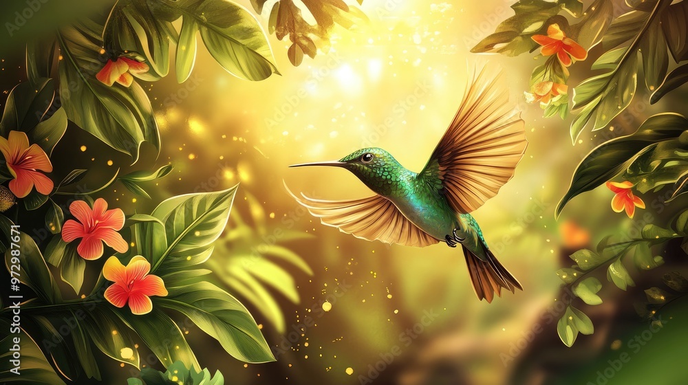 Beautiful vector illustration of a hummingbird in flight, surrounded by lush greenery and colorful flowers, with a bright golden background Beautiful vector illustration of a hummingbird in flight, surrounded by lush greenery and colorful flowers, with a bright golden background