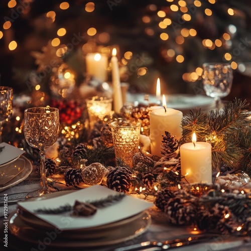 A beautifully arranged holiday table with glowing candles and festive decorations, creating a warm and inviting atmosphere.