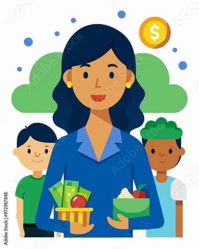 A recent immigrant works as a nanny for a wealthy family while also working at a grocery store to save for their own home.. Vector illustration