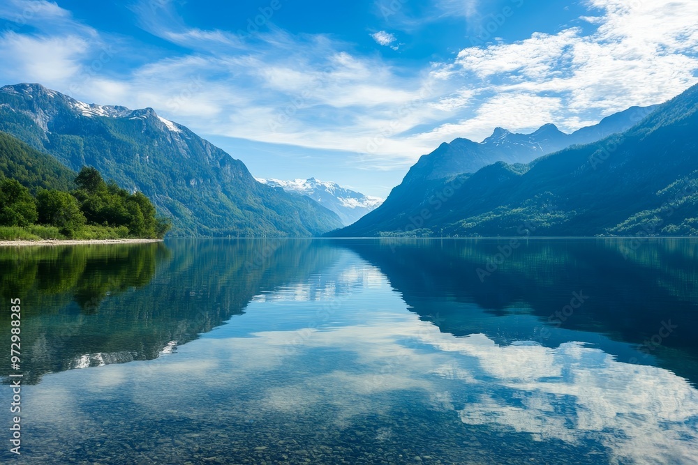 A serene mountain lake with crystal-clear water reflecting the surrounding mountains and sky. Perfect for promoting a sense of peace and tranquility