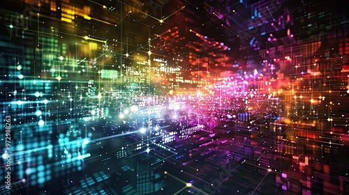 A vibrant, abstract digital landscape filled with colorful lights and patterns, representing data flow and technology.