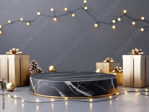 Elegant display of a dark marble podium adorned with golden gifts and festive lights, perfect for holiday celebrations.