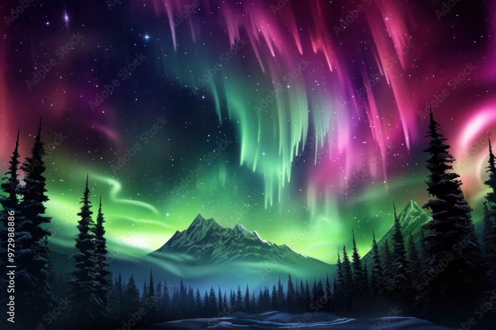 Fototapeta premium A vibrant aurora borealis display dancing across the night sky, captured in a photorealistic style with vivid colors and sharp details.