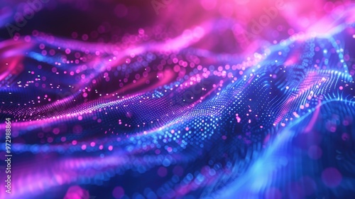 Abstract futuristic background with purple and blue glowing neon moving high speed wave lines and bokeh lights. Visualization of sound waves. Data transfer. Fantastic wallpaper gen by AI